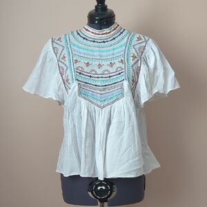 Zara White Boho Embroidered Yoke Blouse with Aqua and Pink Accents